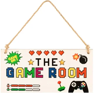 משחק כיף החדר סימן גיימר עיצוב חדר נוער בנים חדר משחקים חדר השינה משחקים האזור, וינטאג', כפרי לוחות עץ מודפס תלוי