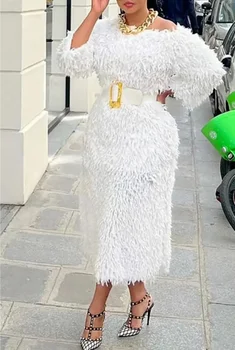2024 אפריקאי לבן מסיבת חתונה שמלות לנשים האביב שרוול ארוך O-צוואר ציצית שמלת Bodycon דאשיקי אפריקה בגדים