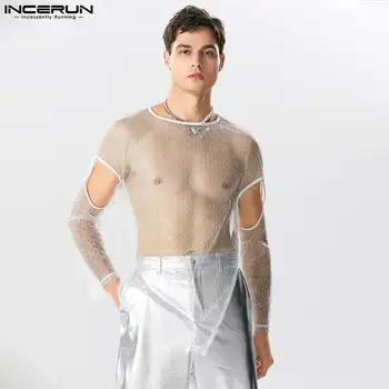 INCERUN מקסימום 2023 בסגנון אמריקאי חדש סקסי גברים חלולים פרספקטיבה רשת חולצות מסוגננות מסיבת חם מכירה שרוול ארוך Camiseta S-5XL