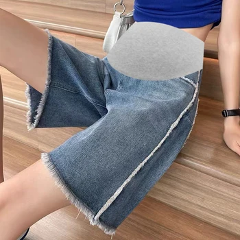 סגנון קוריאני אישה בהריון מכנסי ג 'ינס קצרים גבוהה המותניים בצד פס טלאים לידה כותנה מכנסיים המותניים מתכווננת קצר ג' ינס
