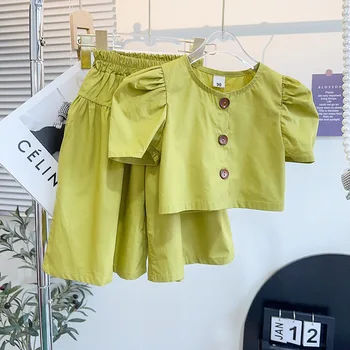 חדש ילד קיץ בגדים סטים שרוול קצר לחצן יחיד הזיקוק מכנסיים ירוקים 2 ערכות קטע מעצב בגדי ילדות סטים 18M-7T