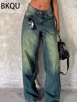 BKQU באיכות גבוהה רחב הרגל ישר ג 'ינס נשים אמריקן וינטג שטף גבוה המותניים רחבים מכנסי ג' ינס 2023 Harajuku ג ' ין מכנסיים