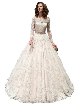 Vestido De Noiva אשליה ארוך שרוולים שמלת נשף שמלות חתונה עם אבנט סאטן תחרה רכבת לטאטא אפליקציות גן שמלות כלה