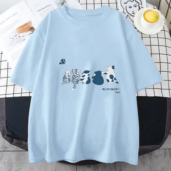קאנג ' י היפני חתול חולצת קריקטורה Kawaii להדפיס לכל היותר מצחיק חמוד כותנה Harajuku 2023 קיץ נשים משוחררות Tshirts מזדמן החולצה