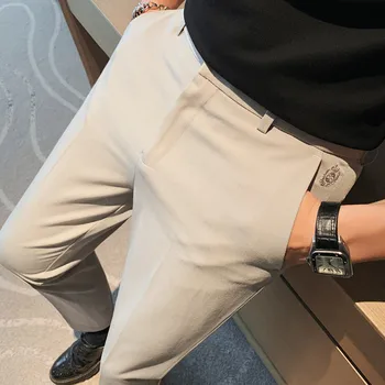 2023 הקיץ מוצק צבע המכנסיים גברים Slim Fit לבוש עסקי מזדמן שאיפה דק לנשימה המשרד חברתית מכנסיים תחפושת Homme