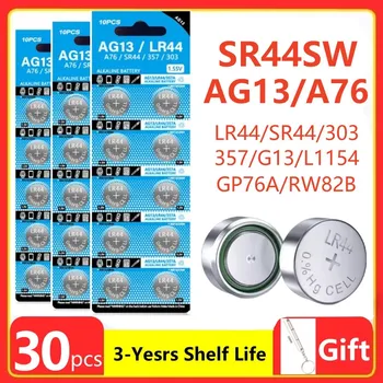 30PCS AG13 LR44 A76 לחצן תא מטבע אלקליין סוללות 1.55 V SR44SW L1154 SP76 pila 357 303 עבור שעונים צעצועים לא כספית
