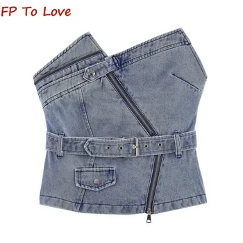 Y2K ספייס גירלז סטרפלס סימטרית כחול ג ' ינס העליון PB&ZA אישה החגורה לקצץ אפוד סקסיות רב Zip האפוד
