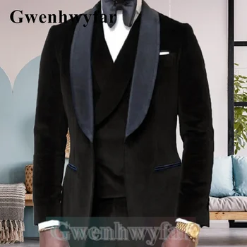 Gwenhwyfar קטיפה גברים חליפות חתונה נשף בהזמנה אישית לחתן חליפות האופנה הגברי 3 חתיכה בגדים להגדיר את מעיל האפוד עם מכנסיים