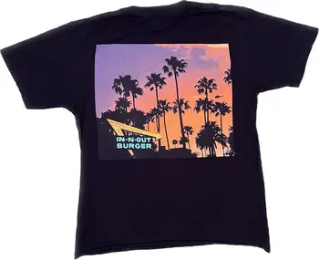 ב-N-Out בורגר קליפורניה שחור חולצת גברים מבוגרים S עצי דקל השקיעה.