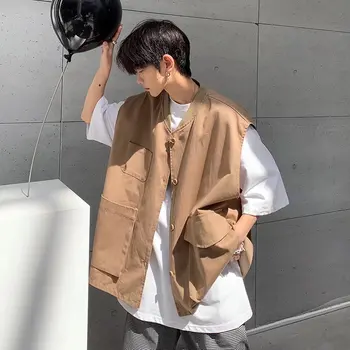 בסגנון יפני קיץ גברים האפוד רך כיס ללא שרוולים מגניב חאקי מעילים מטען אופנה עיצוב חדש, דק לבנים