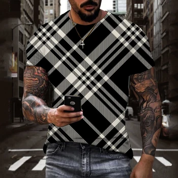 משבצות דפוס פס של גברים חולצות החוף אדידס קיץ אופנת רחוב 3D הדפסה מצחיק מזדמנים ספורט גדולים חולצת טי