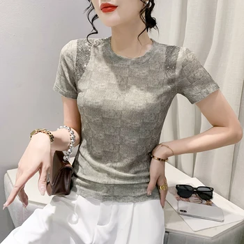 2023 הקיץ הקוריאני בגדים ברשת טי-שירט נשים שיק סקסי O-צוואר הדפסת 3D מבריק יהלומים חולצות קצרות שרוול אלסטי Tees 37018