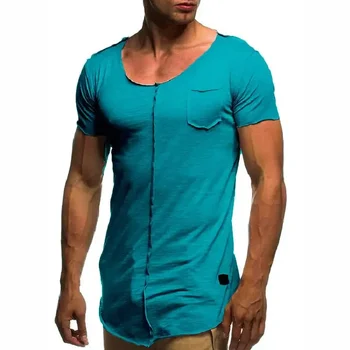 B6254 שרוול קצר מוצק חולצת הטריקו של הגברים מזדמן קיץ גבי חולצות טי Mens כושר
