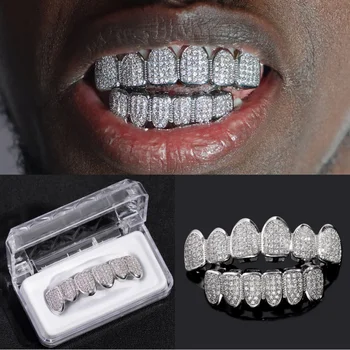 אופנה סלול זירקון שיניים Grillz להגדיר עבור גברים בלינג קר בחוץ CZ עליון תחתון גריל שיניים שיניים היפ הופ Cosplay מסיבת תכשיטים