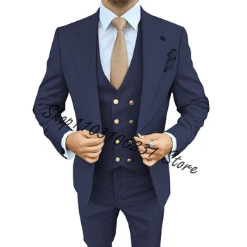 De Trajes גבר חיל הים חליפות לגברים החתונה טוקסידו רשמית ' קט מכנסיים וסט 3 חלקים תלבושת Slim Fit בלייזר גברים נאים של החליפה.
