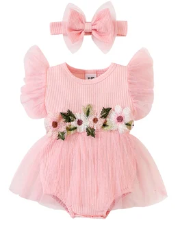 מקסים לתינוק הנולד הילדה Romper עם שמלה רקומה עלים של פרח צלעות לסרוג לעוף שרוולים טול חצאית כתומה