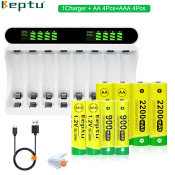 KEPTU 4pcs 1.2 V aaa rechargeable סוללה 900mAh ו 4pcs 2200mAh AA NI-MH סוללה עם 8 חריצי מהר מטען סוללה
