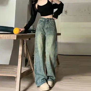 בציר ה-90 באגי ישר ג 'ינס מכנסיים נקבה Y2K גבוהה המותניים רופף רחב הרגל ג' ינס נשים אופנת רחוב כל-התאמה מזדמנים מכנסיים חדשים