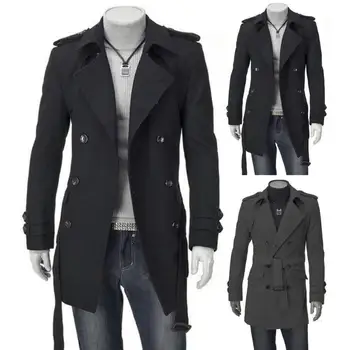 חגורת המותניים מעיל גברים אופנתי של גברים דו-שולי המעיל דש קולר עם חגורת אמצע אורך הג ' קט סתיו/חורף