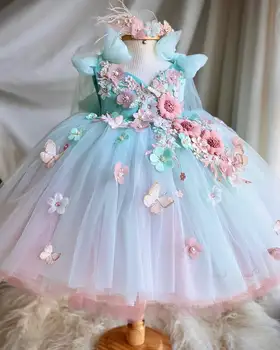 חמוד תכלת פרח ילדה שמלות חתונה ילדים פרפר קשת מסיבת בנות תחרות שמלות Appliqued יום הולדת פוטושוט