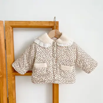 0-3 שנים תינוק בן חורף מעיל כותנה כתוש פרח ' קט כותנה חום התינוק מעיל כותנה עם צמר מעיל כותנה