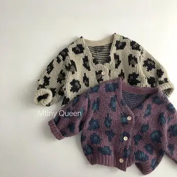 קוריאני ילדים תינוקת בגדי חורף ילד פעוט חמוד עם הדפס מנומר סרגה סוודר Kawaii הפעוט סוודר סוודר מעיל