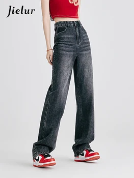 Jielur סתיו חדש מקרית סלים אופנה ג 'ינס אישה פשוטה בסיסי רחוב Chicly נשים ג' ינס גבוהה המותניים כחול ישר הנשי המכנסיים