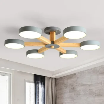 עץ LED נברשת עם אהיל מתכת רכוב נברשות לסלון לבן מנורת תקרה הברק השינה תלוי אור.