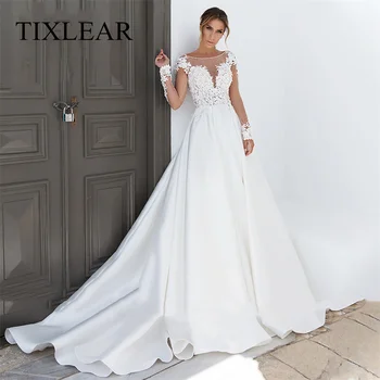 TIXLEAR המודרנית קו שמלת החתונה אפליקציות O-צוואר שרוול ארוך ללא משענת רכבת משפט שמלת כלה אשליה Vestidos דה Noiva