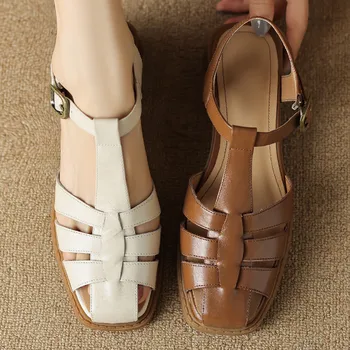 נשים עור אמיתי צר קלוע t-רצועה הכלוב בסגנון רומי סנדלי קיץ 2023 נשי מזדמן נעליים נוחות חם