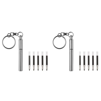 2X נייד מפתח טבעת נירוסטה טלסקופי עט טלסקופית עט כדורי עם מחזיק המפתחות כלי עבור נסיעות חיצונית