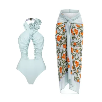 3D פרח קפלים חתיכה אחת של בגדי נשים 2024 הדפסה חוף חצאית בגד ים סט גבוהה המותניים חופשת הקיץ בגד ים Monokini