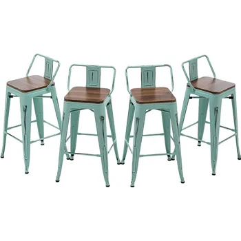 Andeworld כסאות בר סט של 4 נגד גובה שרפרפים תעשייה מתכת, כסאות הבר עם עץ מושבים(30 אינץ', במצוקה ירוק כחול)