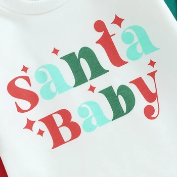 תינוקות תינוקת בגדי חג המולד מכתב הדפס שרוול ארוך רומפר קטיפה הזיקוק מכנסיים ניגודיות צבע תלבושת