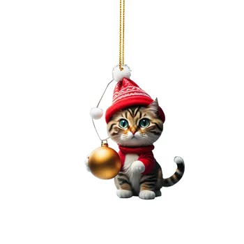 2D אקריליק קריקטורה מצחיקה חתול עץ חג המולד תליון אקריליק חג מולד קריקטורה חמוד כובע חג המולד חתול כפול הדפסה שטוחה новый год