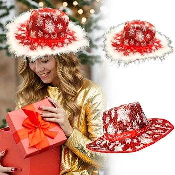 1Pc סנטה קלאוס, חג המולד שוליים רחבים, בוקרת כובע פתית שלג מודפס כובע אופנה נשים גברים כובעים חג המולד ציוד למסיבות