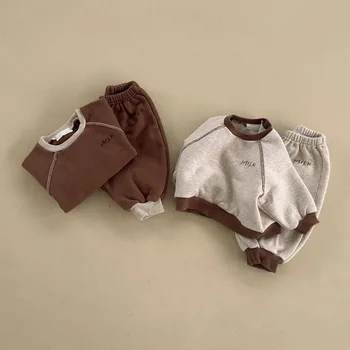 התינוק גיזת צבע ניגודיות קבוצה בגדי סתיו חורף מזדמן מכתב ארוך שרוולים סוודר קפוצ ' ון+מכנסיים 2Pcs תינוק תלבושת ילדה