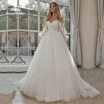 נצנצים קו שמלת החתונה פאף שרוול תחרה, אפליקציות תחרה 3D פרחים מחוץ כתף טול בוהו כלה שמלת 2023 vestido de נוביה