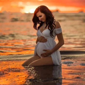 לבן שיפון שמלות הריון עבור צילומים סקסי פיצול קדמי נשים בהריון שמלת מקסי ארוכה הריון שמלת צילום אביזרים