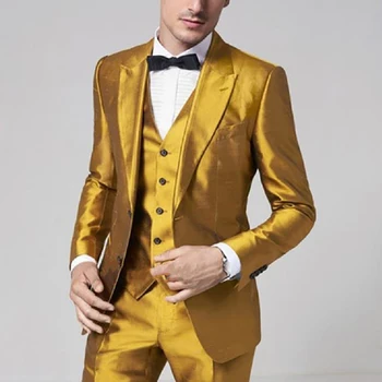 האחרונה זהב סאטן חליפות גברים 2023 Slim Fit נשף מסיבת הבמה החתן החתונה טוקסידו Ternos זכר חליפת 3 חלקים (בלייזר+אפוד+מכנסיים)