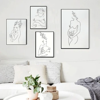 תקציר מינימליסטי בד הציור האם והתינוק אמנות קו ההריון אמנות הקיר כרזה, הדפסת תמונות על עיצוב חדר מודרני