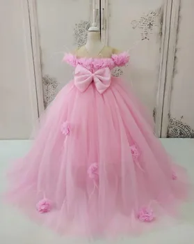 פאפי ורוד פרח ילדה שמלות אורחים חתונה ילד ילדים יום הולדת שמלה פרחונית טול שמלת ההתייחדות הראשונה השמלה