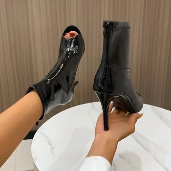נשים מוצק צבע מגפי קרסול נעלי שחור למתוח הצביע עקבים מסיבת אופנה פשוט סקסית רזה דגים הפה עקבים מגומי 2023