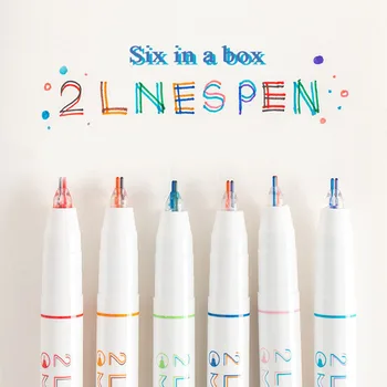 6Pcs תלת-ממדי קו כפול, עט שני צבעים ציור להדגיש עט סימון לסטודנט המתאר עט משרד מכשירי כתיבה