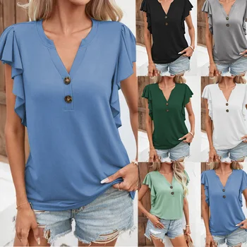נשים חולצה קיץ אופנה חדשה מזדמן V-צוואר לפרוע את השרוול אלגנטי בנות צבע אחיד עם שרוולים קצרים למעלה טי-שירט