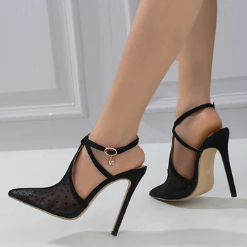 שחור רשת נעל סנדלי נשים משאבות 2023 אופנה הקיץ מכוון אצבע קרסול אבזם רצועת עקבים גבוהים נשים שמלת מסיבת נעליים
