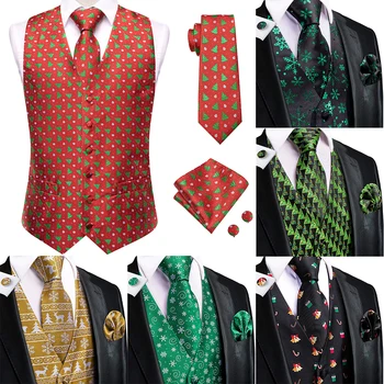 אדום ירוק לבן Christma גברים האפוד של משי העניבה הרשמית סלים שרוולים ז 'קט 4PC המטפחת חפתים לחליפה מגדיר את הז' קט הי-תקשור