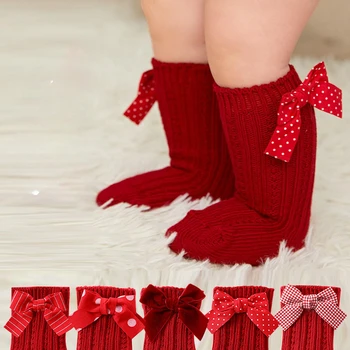 אופנה צבע אדום יילוד תינוקות פעוטות גרביים חמוד נקודה פס צבעוני Bowknot בייבי בנות צינור גרבי בנות גרב סרוגים מתנה