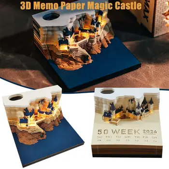 3D Memo Pad, 2024 לוח השנה Memo Pad, 3D קסם הטירה לוח השנה השבועי פנקס רשימות עם אור, נייר מכתבים אביזרים