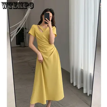 WTEMPO מוצק צבע השמלה של נשים קיץ דק עם שרוולים קצרים שמלת ערב חדשה חלול בסגנון צרפתי שמלות הסיטוניים אופנה 2023